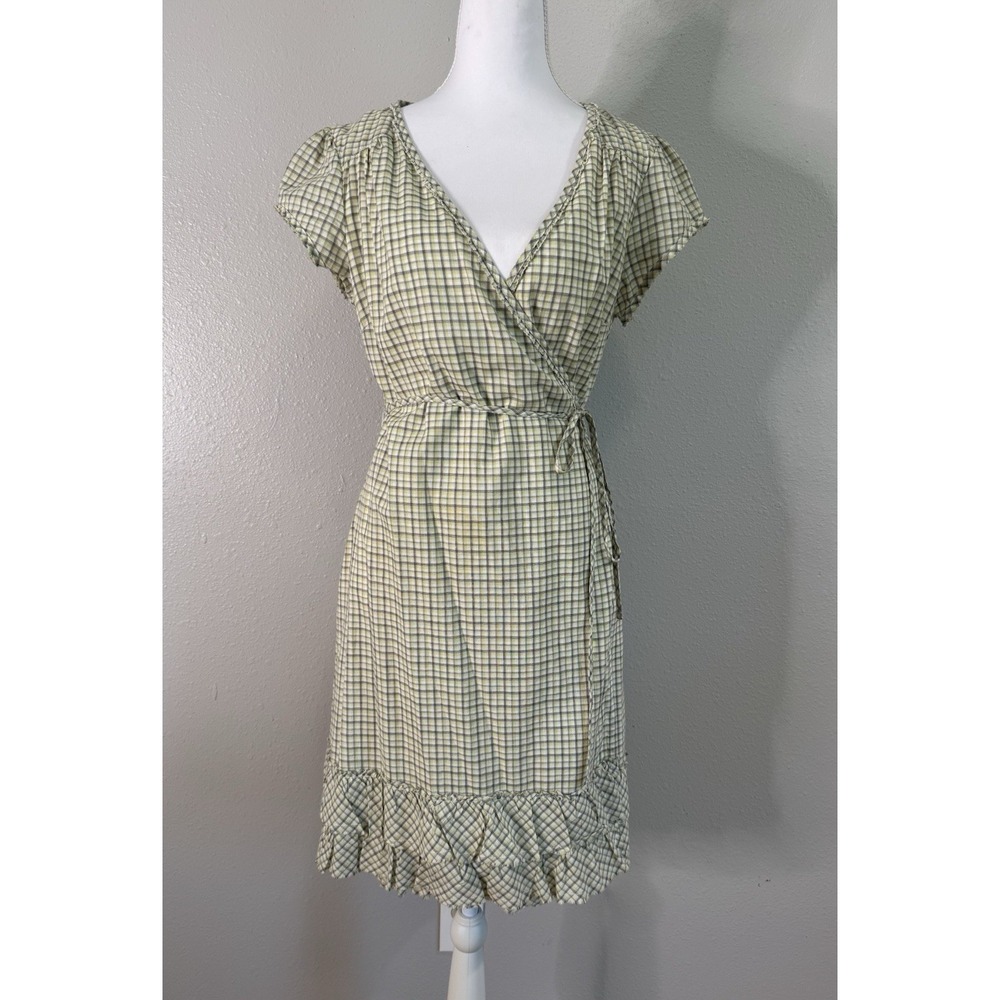Converse One Star Plaid Wrap Dress Greenish-Yellow Cotton Ruffle Preppy Grunge S